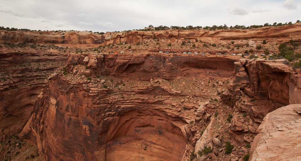 Vans lined up and ready along Shafer Trail.